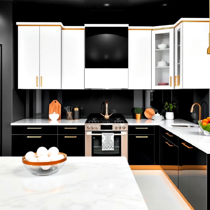 contrasting black and white cabinets with sleek gold trims