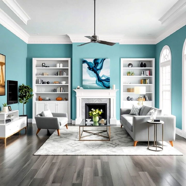 cool grey floors highlighted by aqua blue walls