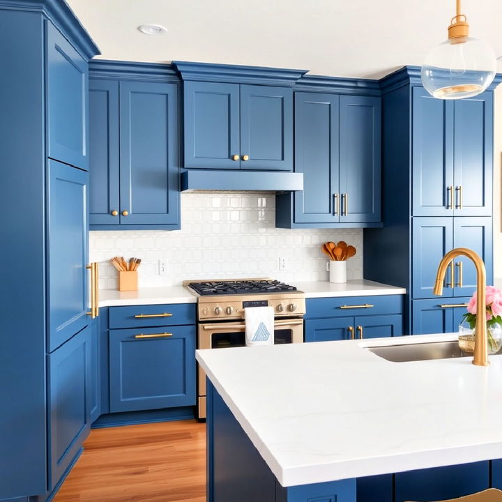 cool ocean blue cabinets with modern gold edge pulls