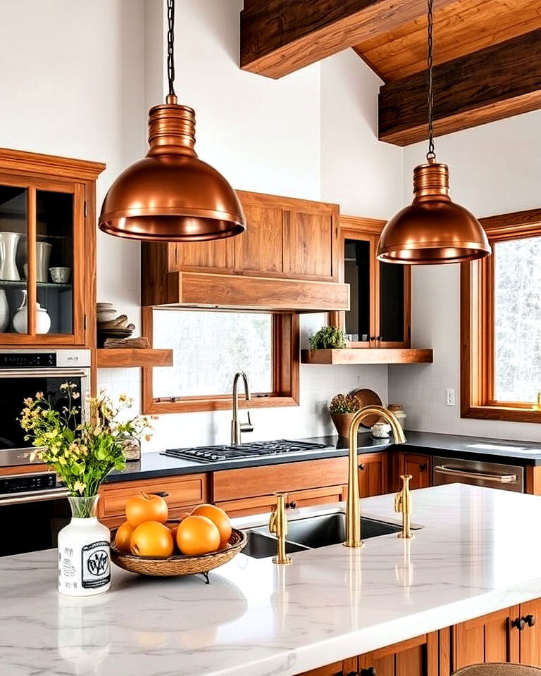 copper accents pendant lights for mountain kitchen