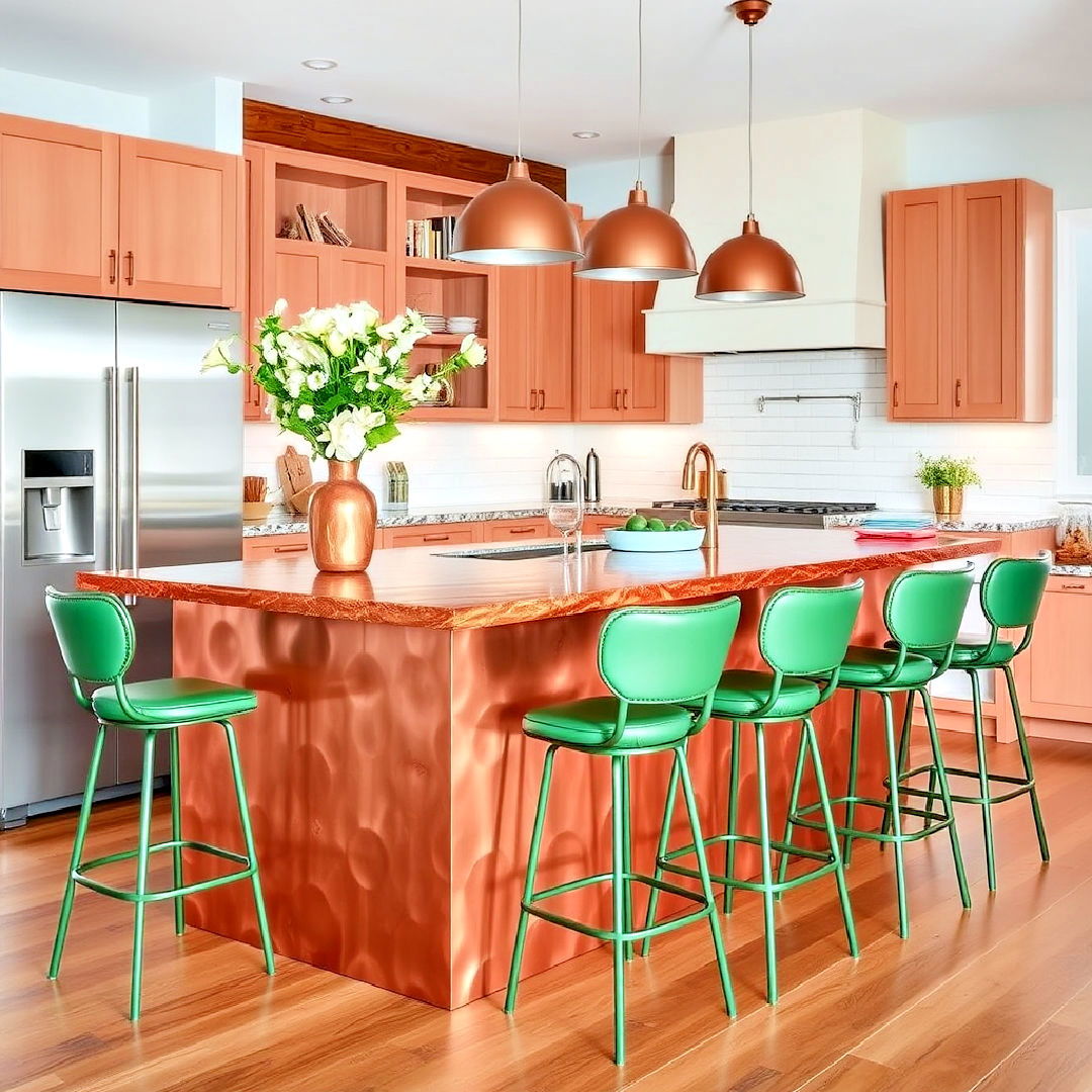 copper clad island with green bar stools for contrast