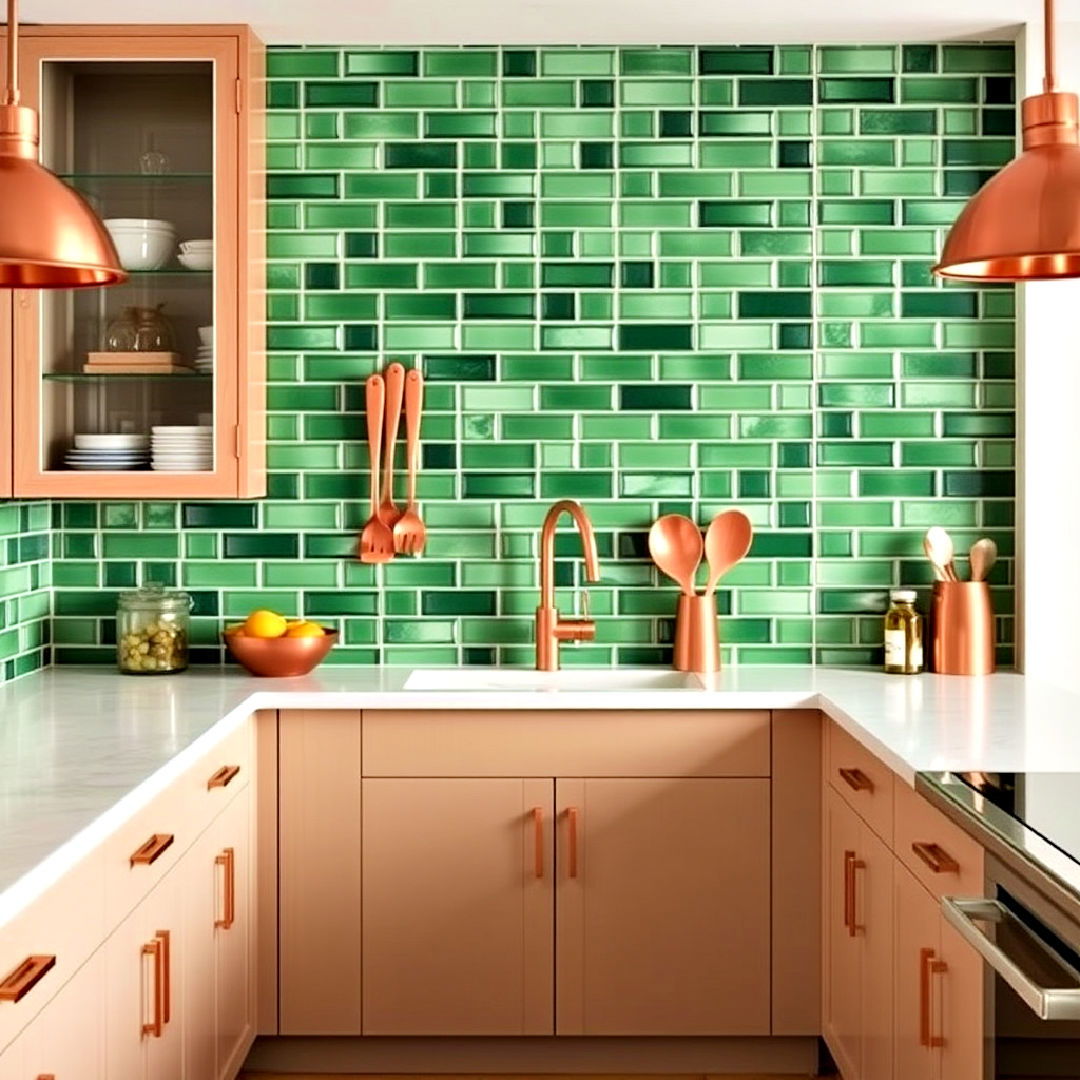 copper details with a vibrant green backsplash