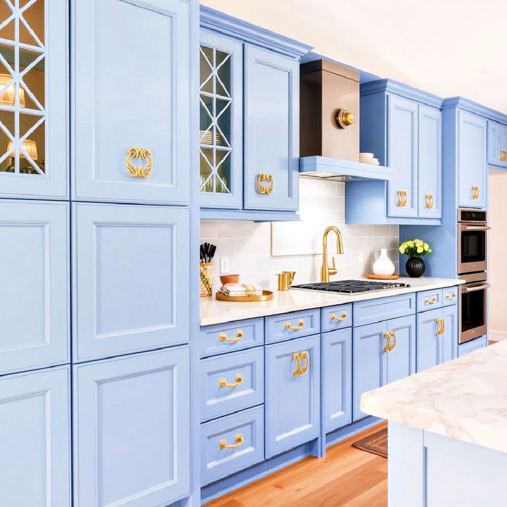 cornflower blue cabinets enhanced by gold lattice handles