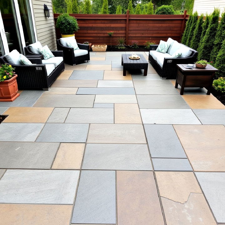 cost effective large slate tiled stamped concrete patio