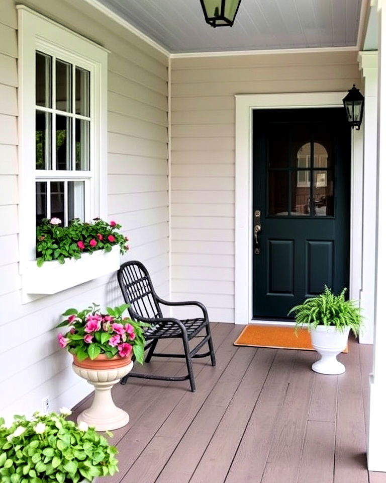 cottage style porch with blooming flower boxes