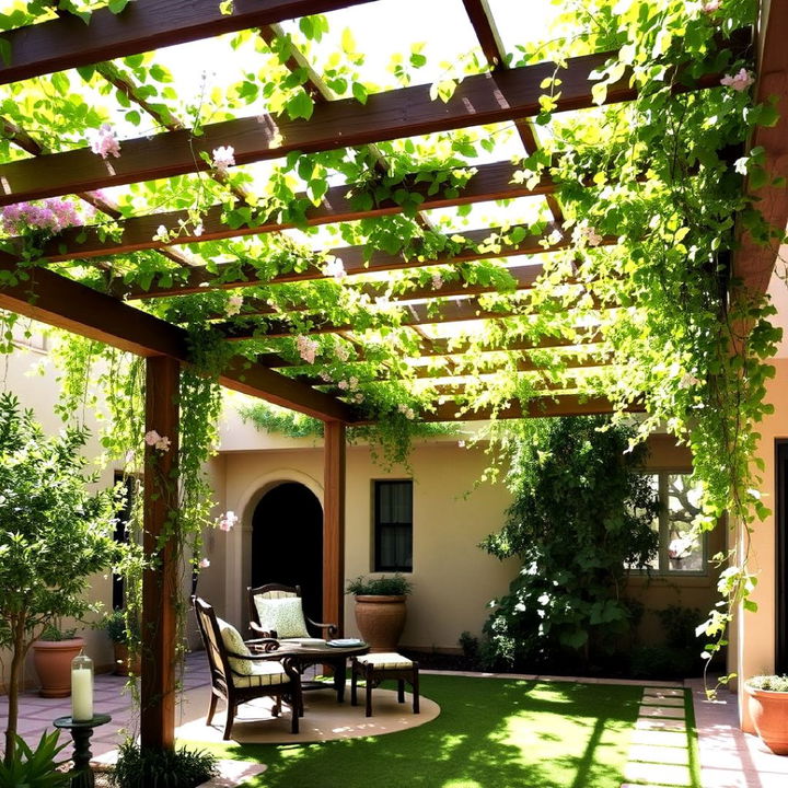 courtyard pergola with climbing vines to create a shaded oasis