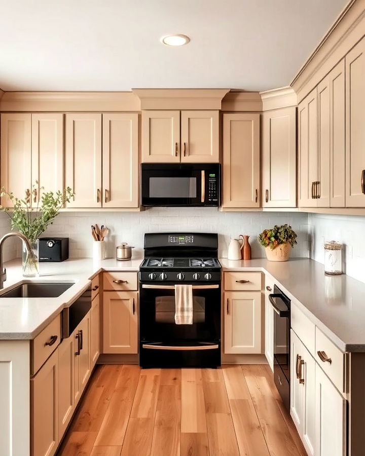 cozy beige cabinets with black appliances