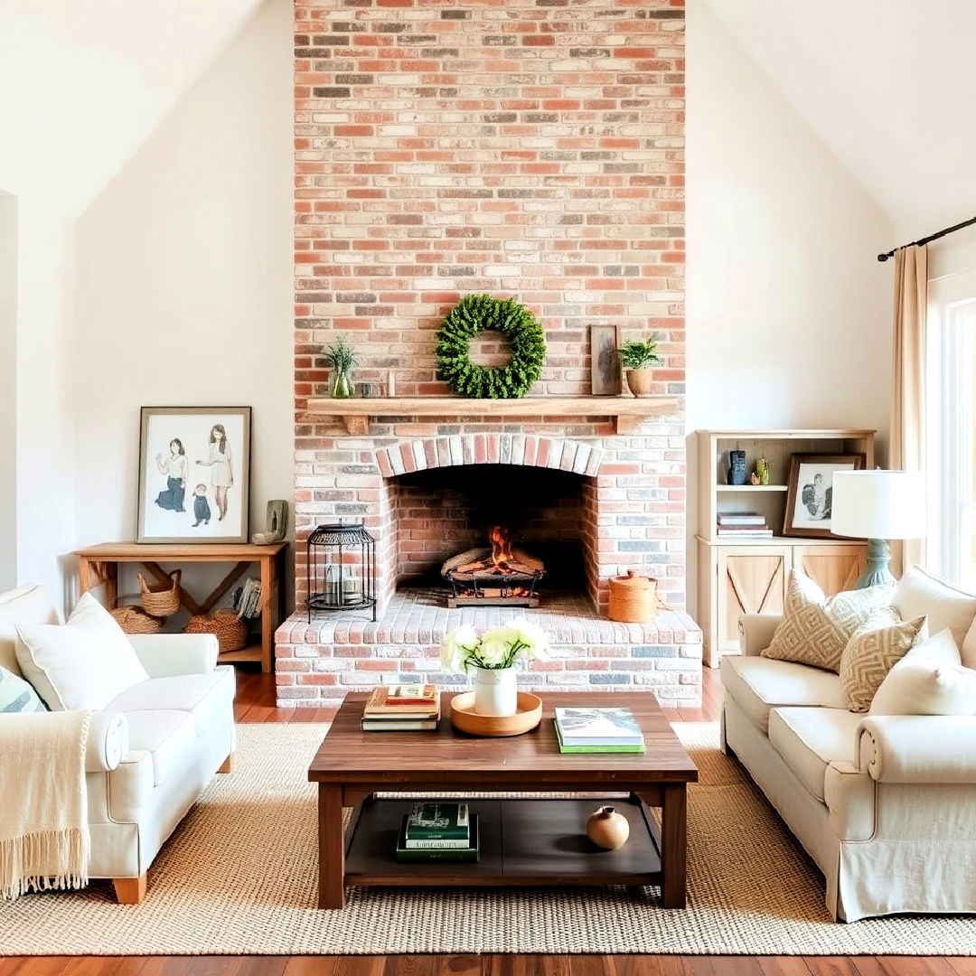 cozy cottage living room with brick hearth