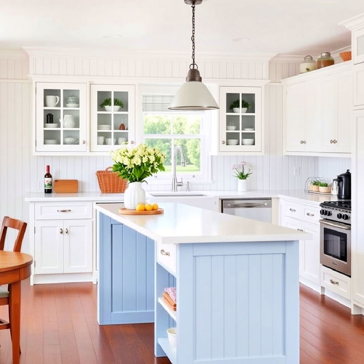 cozy cottage white cabinets with soft blue island