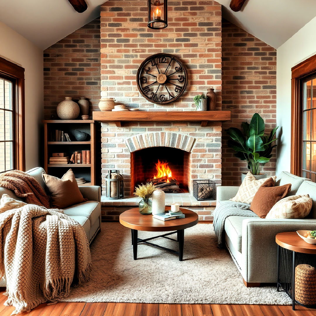 cozy layered textiles and brick fireplace