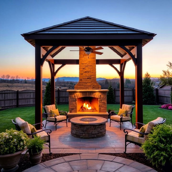 cozy outdoor fireplace under a gazebo