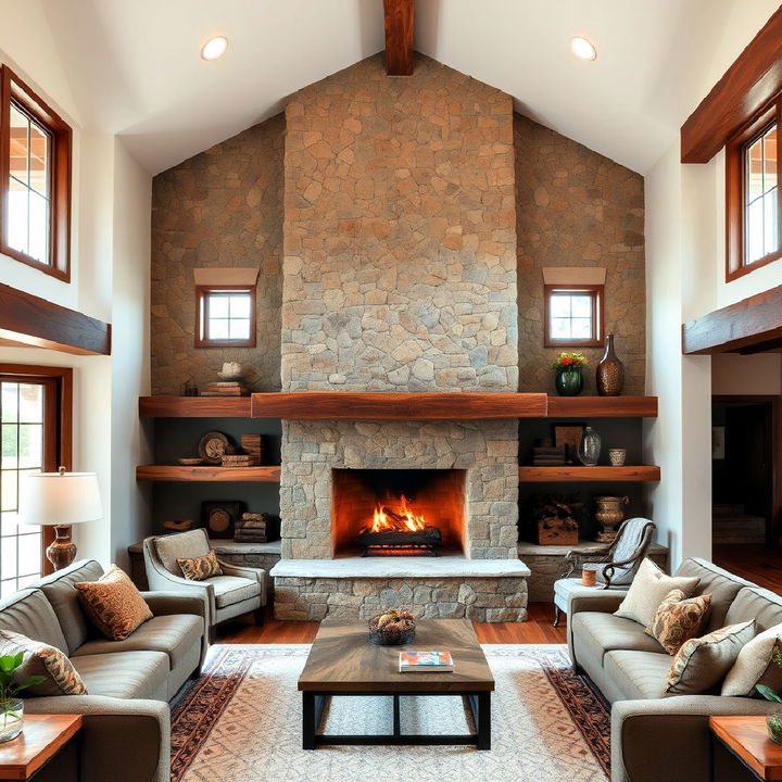 cozy rustic interior stone fireplace