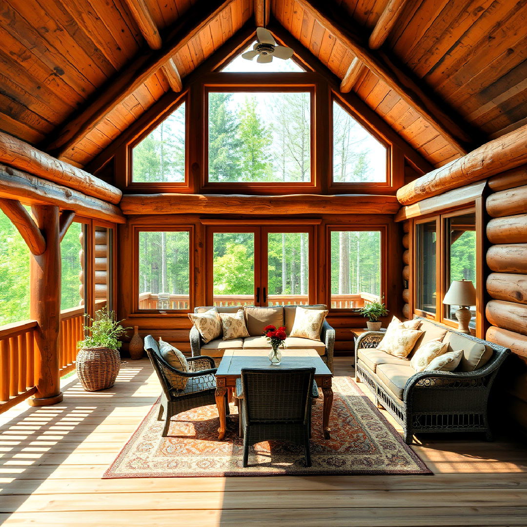 cozy rustic sunroom and deck combo