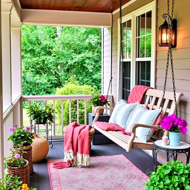 cozy side porch reading nook with a swinging chair