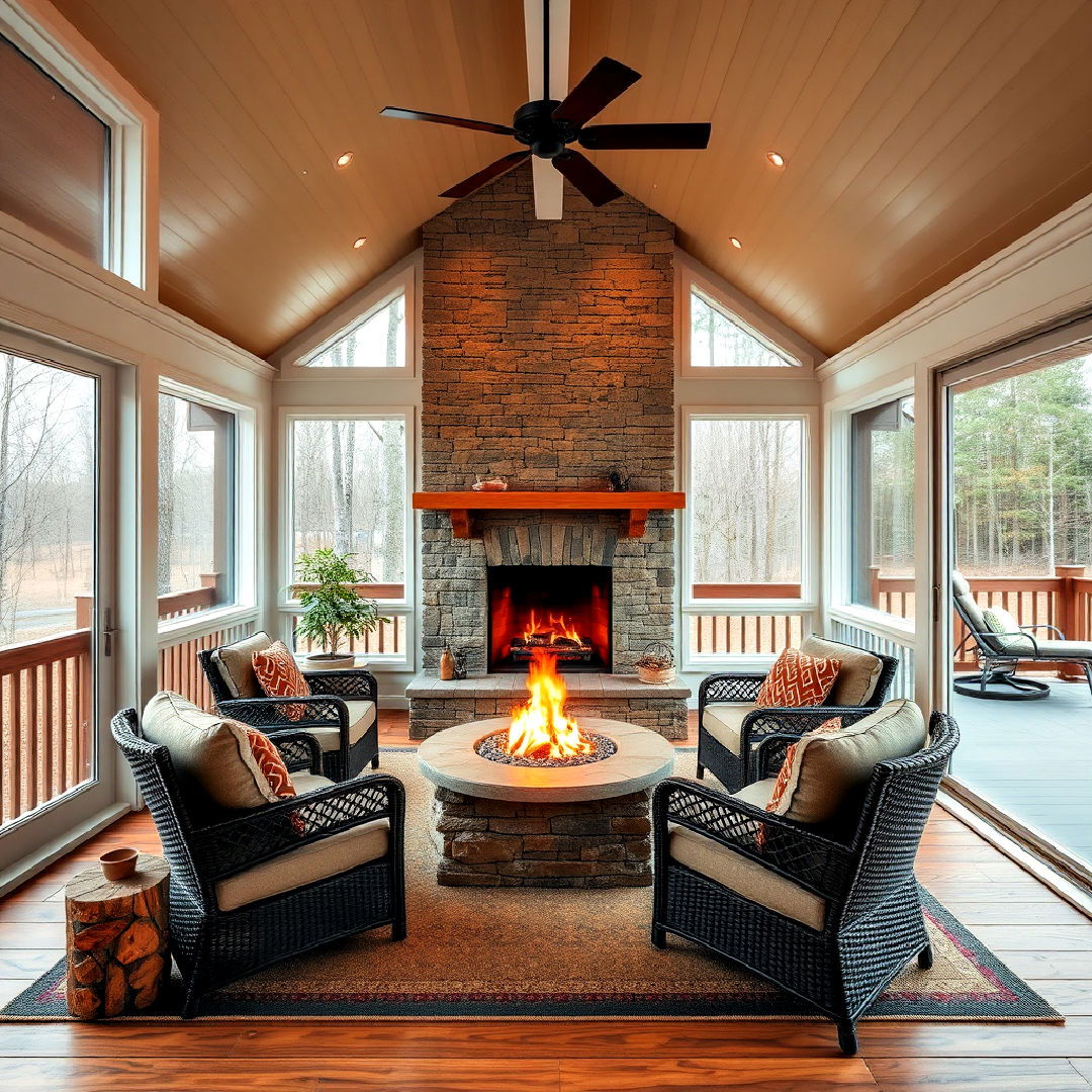 cozy sunroom with fireplace idea