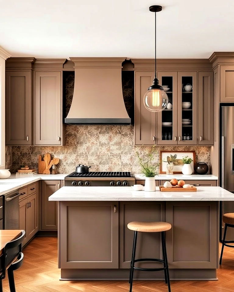 cozy taupe cabinets with pendant lighting