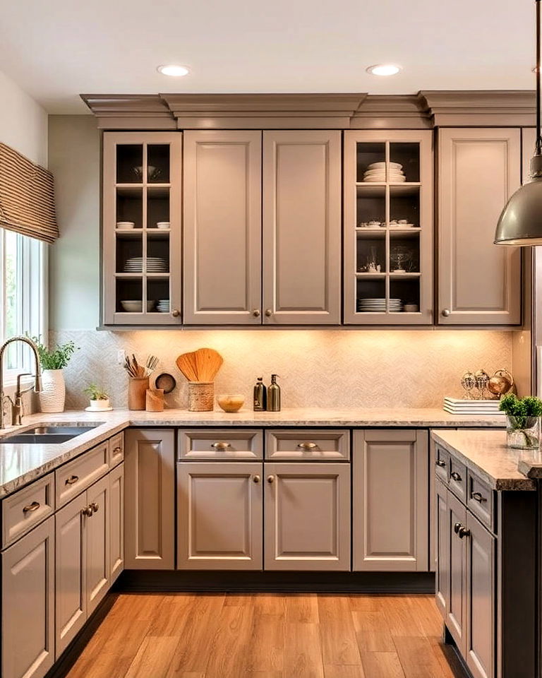 cozy taupe cabinets with warm lighting