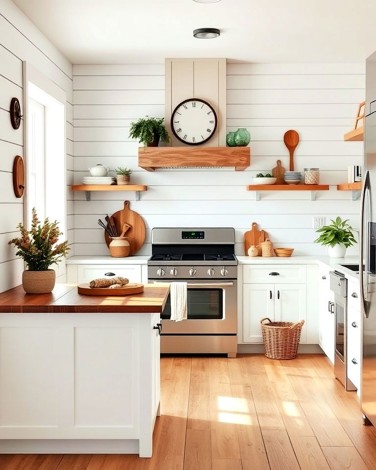 cozy white kitchen shiplap walls