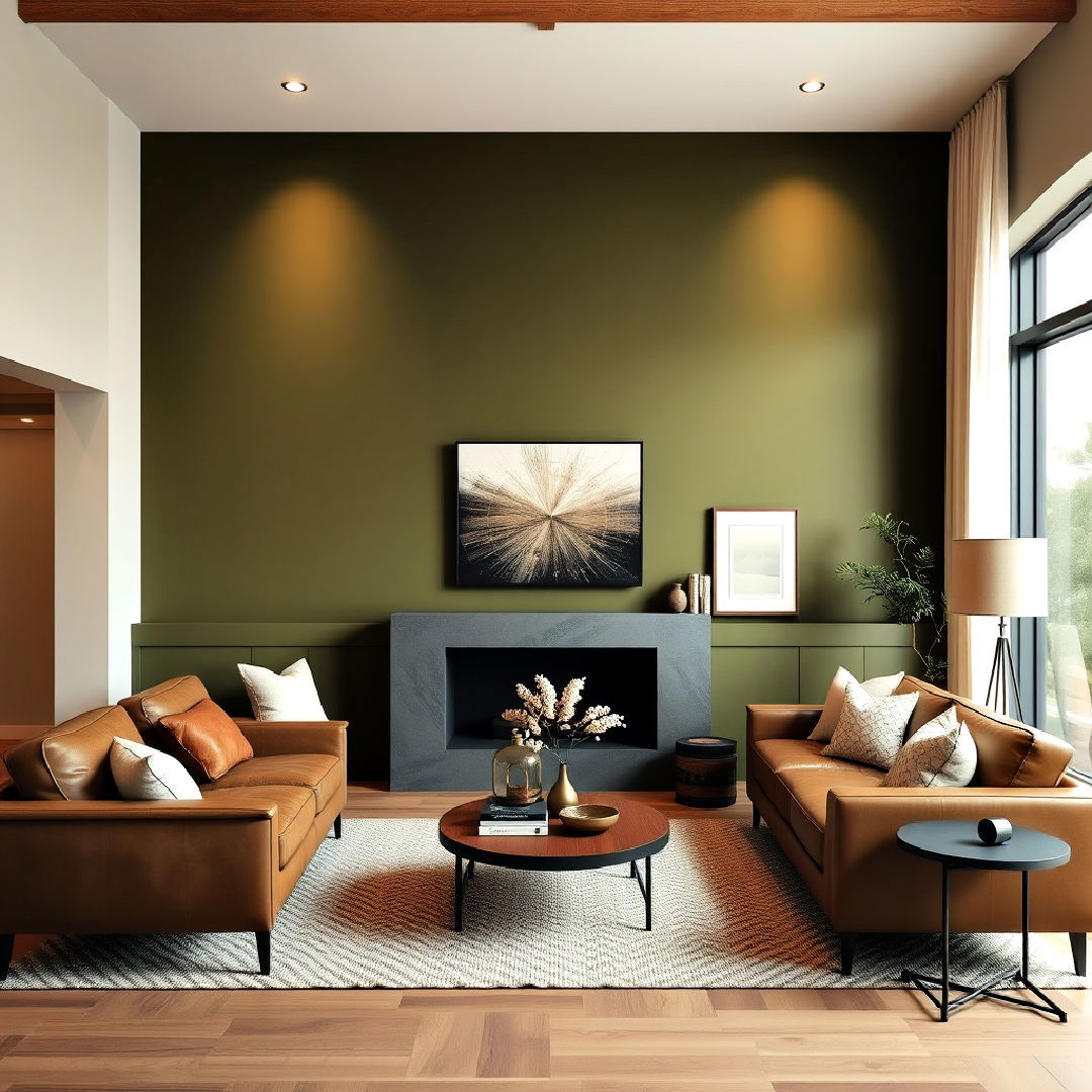 create a calm living space with olive green accent wall