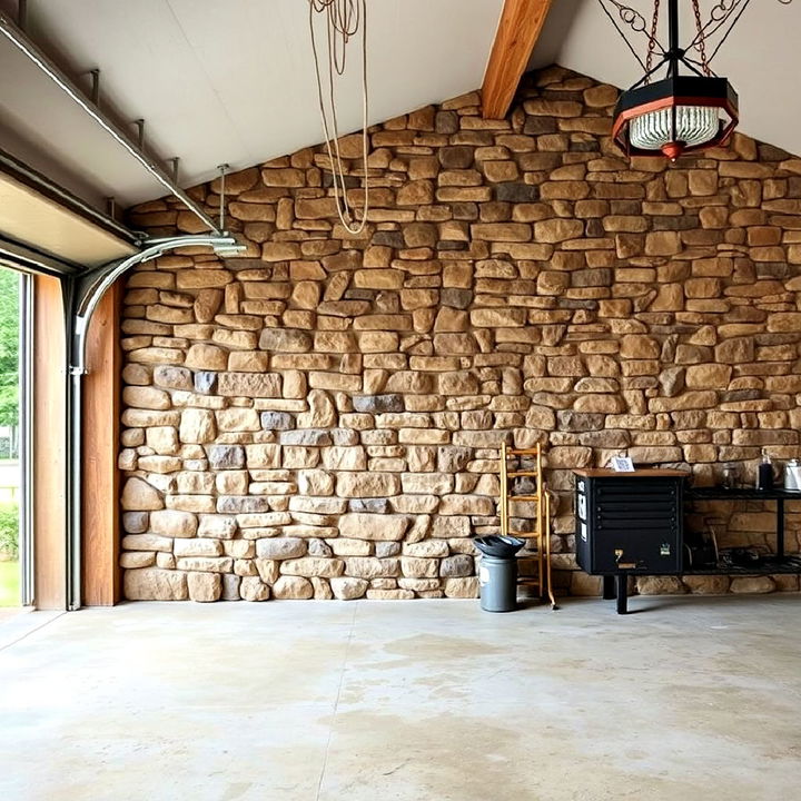 create a rugged garage look with a stone accent wall