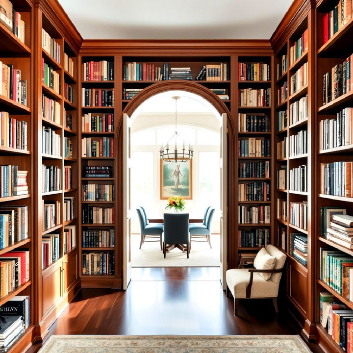 create an archway bookshelf entrance to the dining room