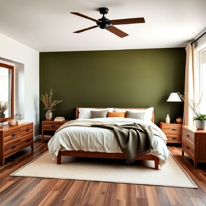 create an olive green feature wall for bedroom