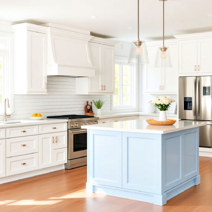 crisp white shaker cabinets with airy sky blue island