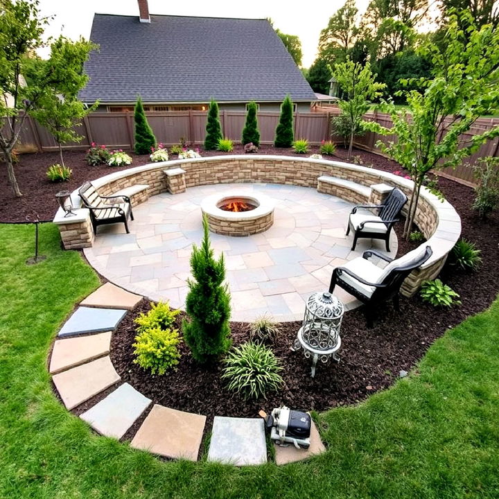 curved stone patio with fire pit design