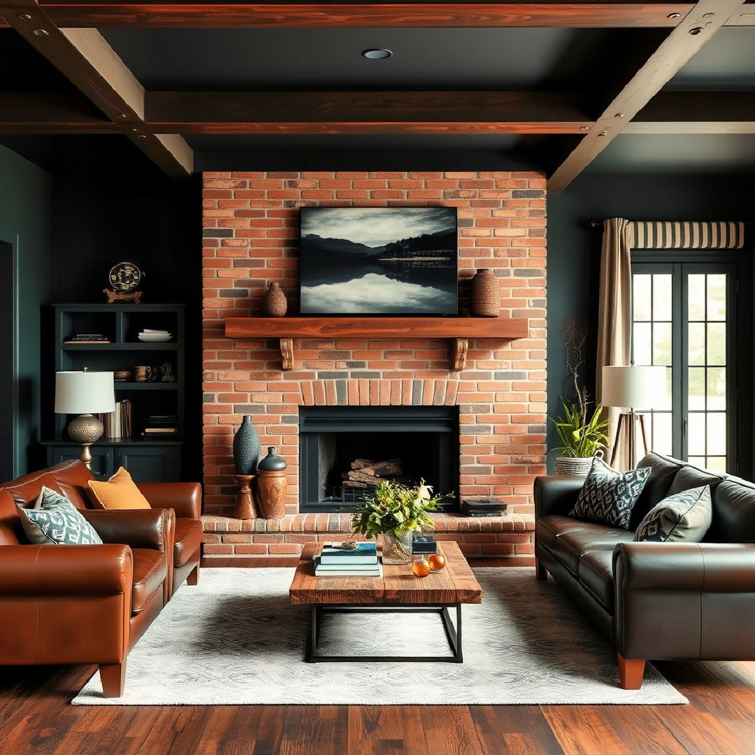 dark and moody living room with brick hearth