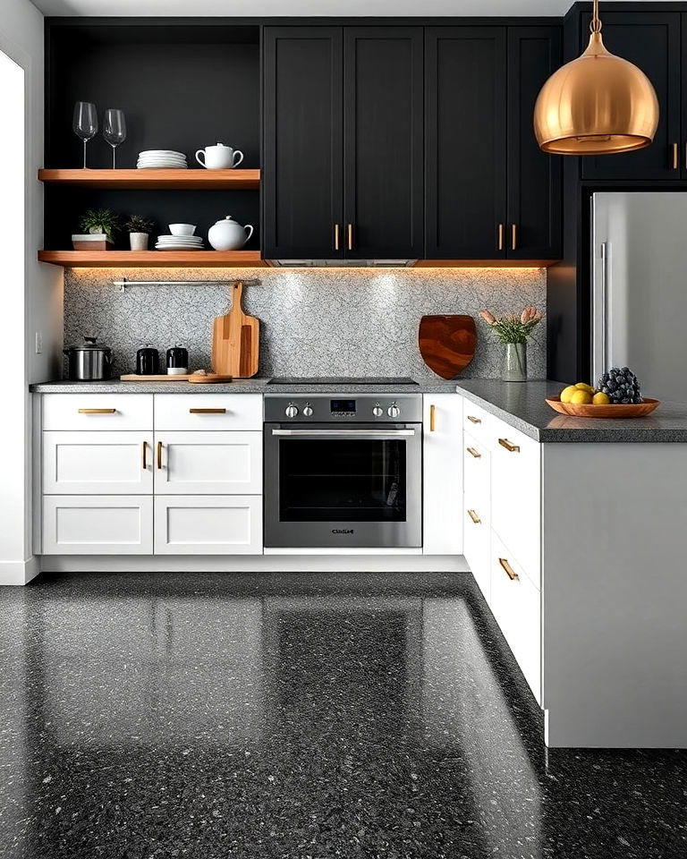 dark gray terrazzo kitchen floor