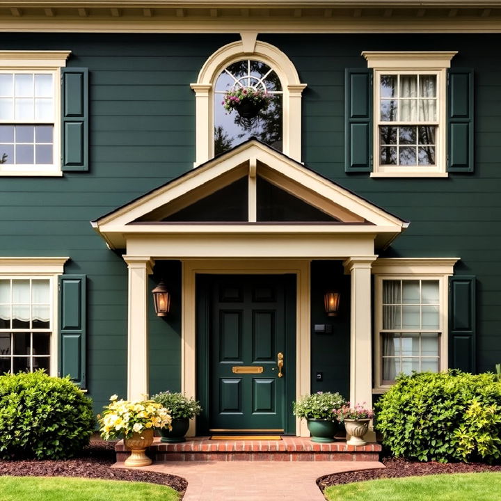 dark green exterior home with gold accents