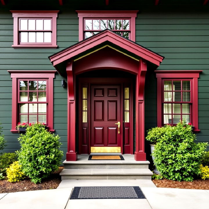 dark green with burgundy door and trim exterior home