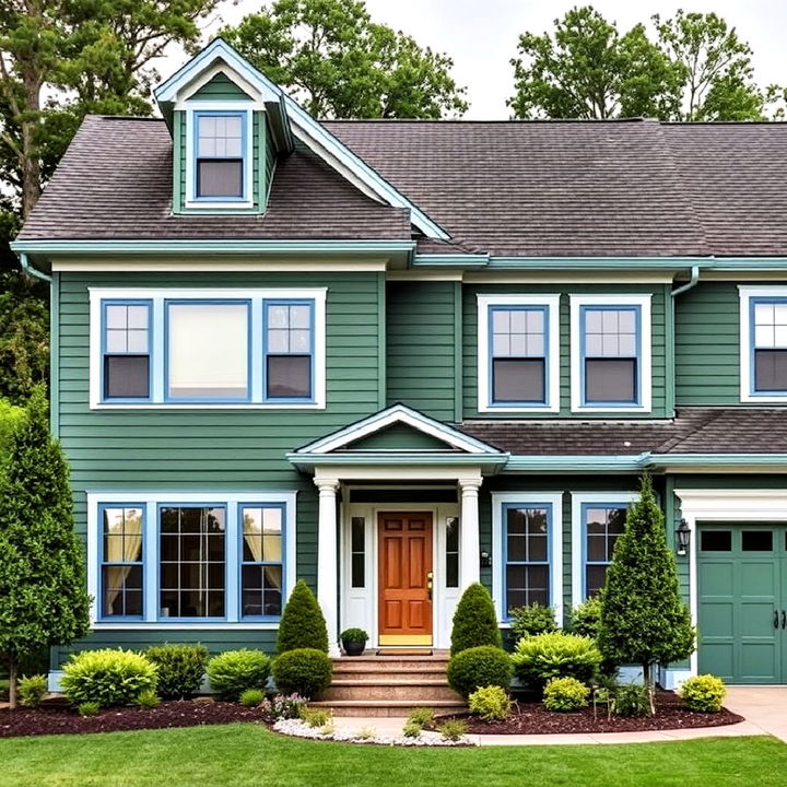 dark green with light blue trim exterior home