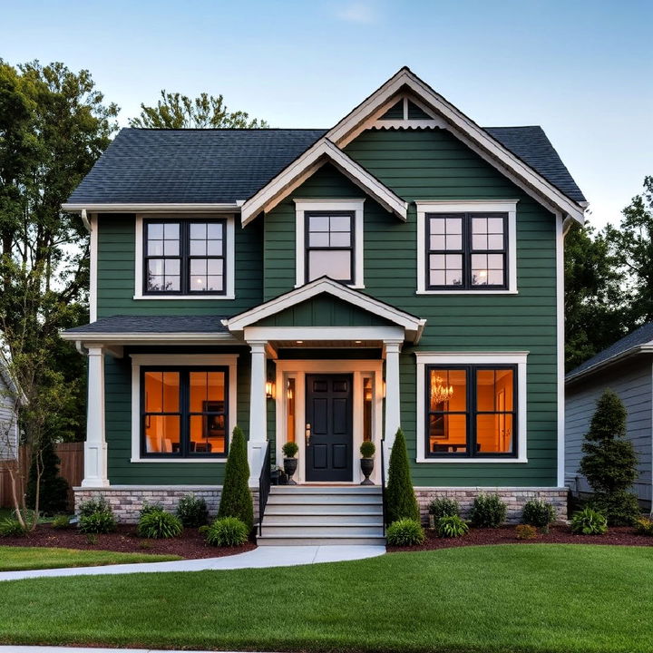 dark green with light gray trim exterior home