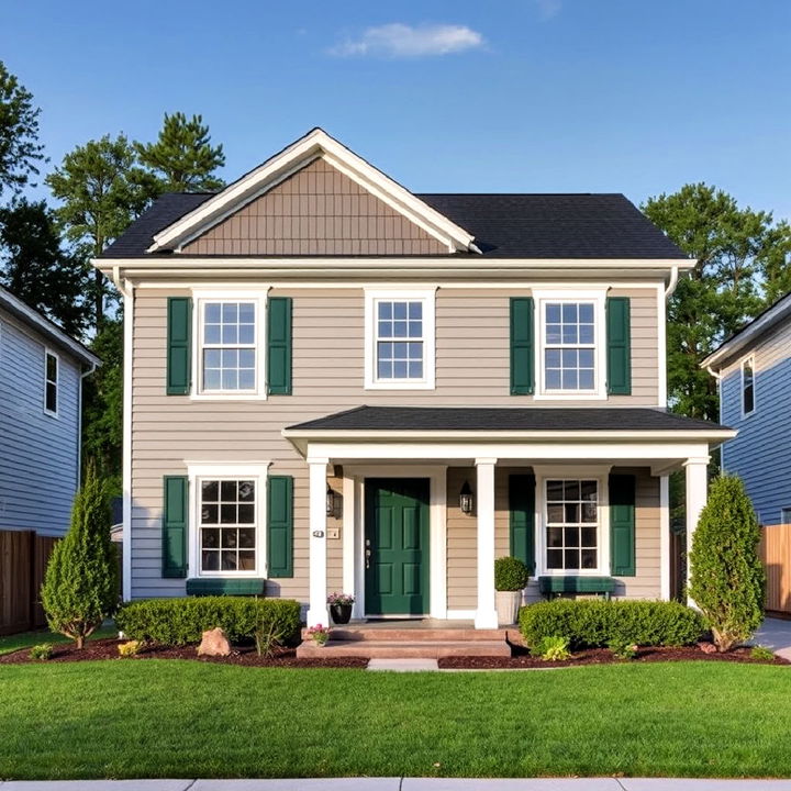 dark green with pale gray siding exterior home