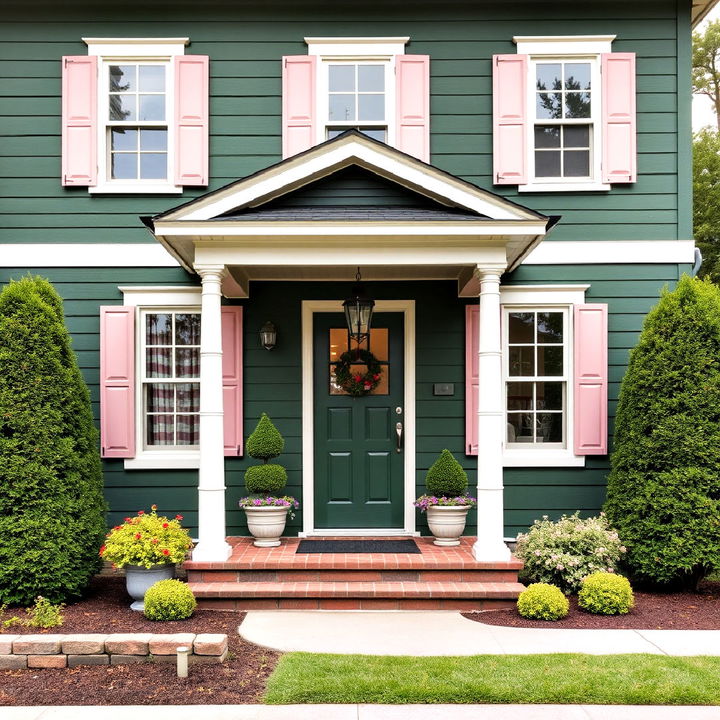 dark green with pale pink shutters exterior home