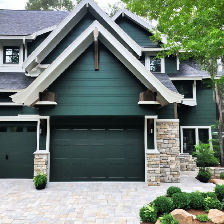 dark green with stone and timber element exterior paint color scheme