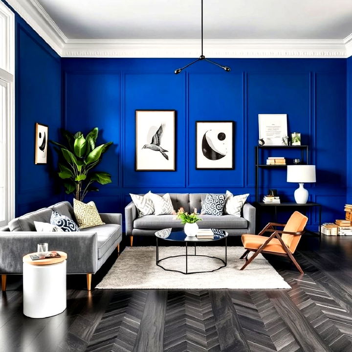 dark grey flooring matched with bold cobalt blue walls