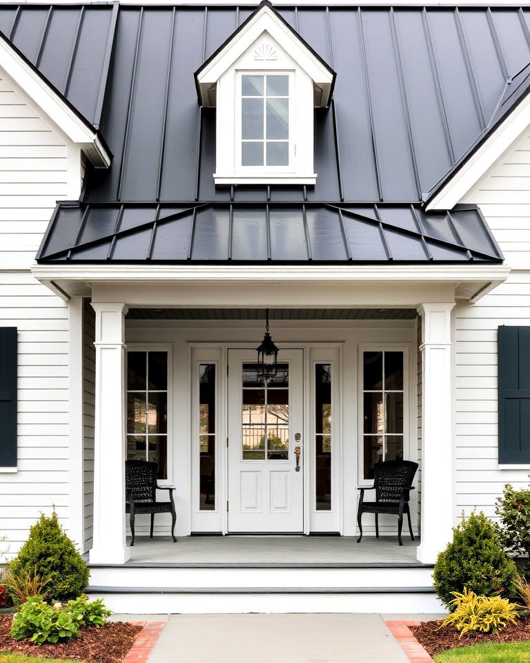 dark metal roof with white trim for porch