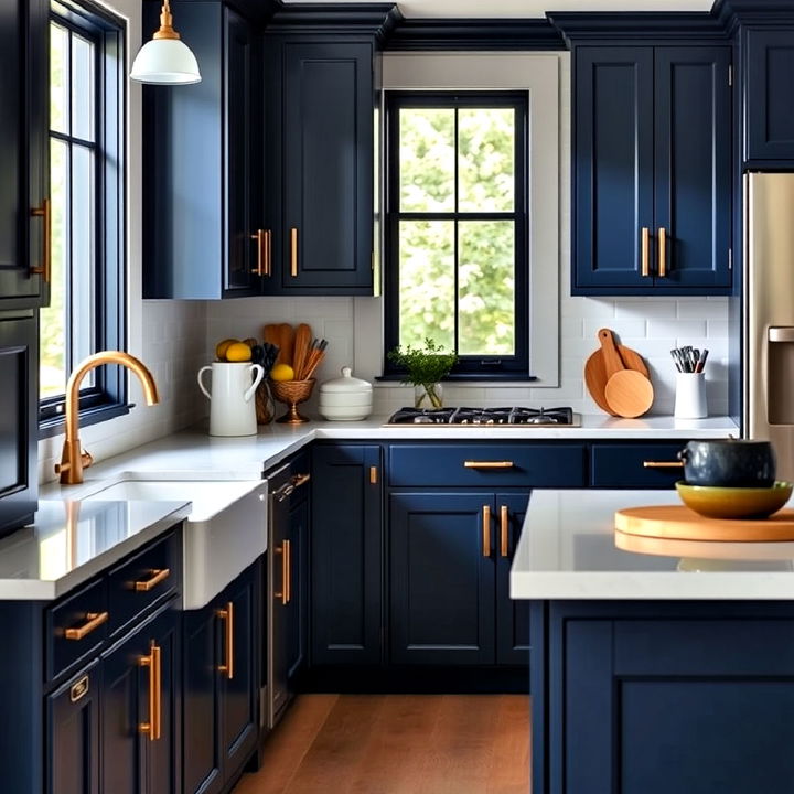 dark navy cabinets with subtle gold accents