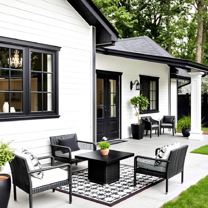 dark patio furniture against white exterior