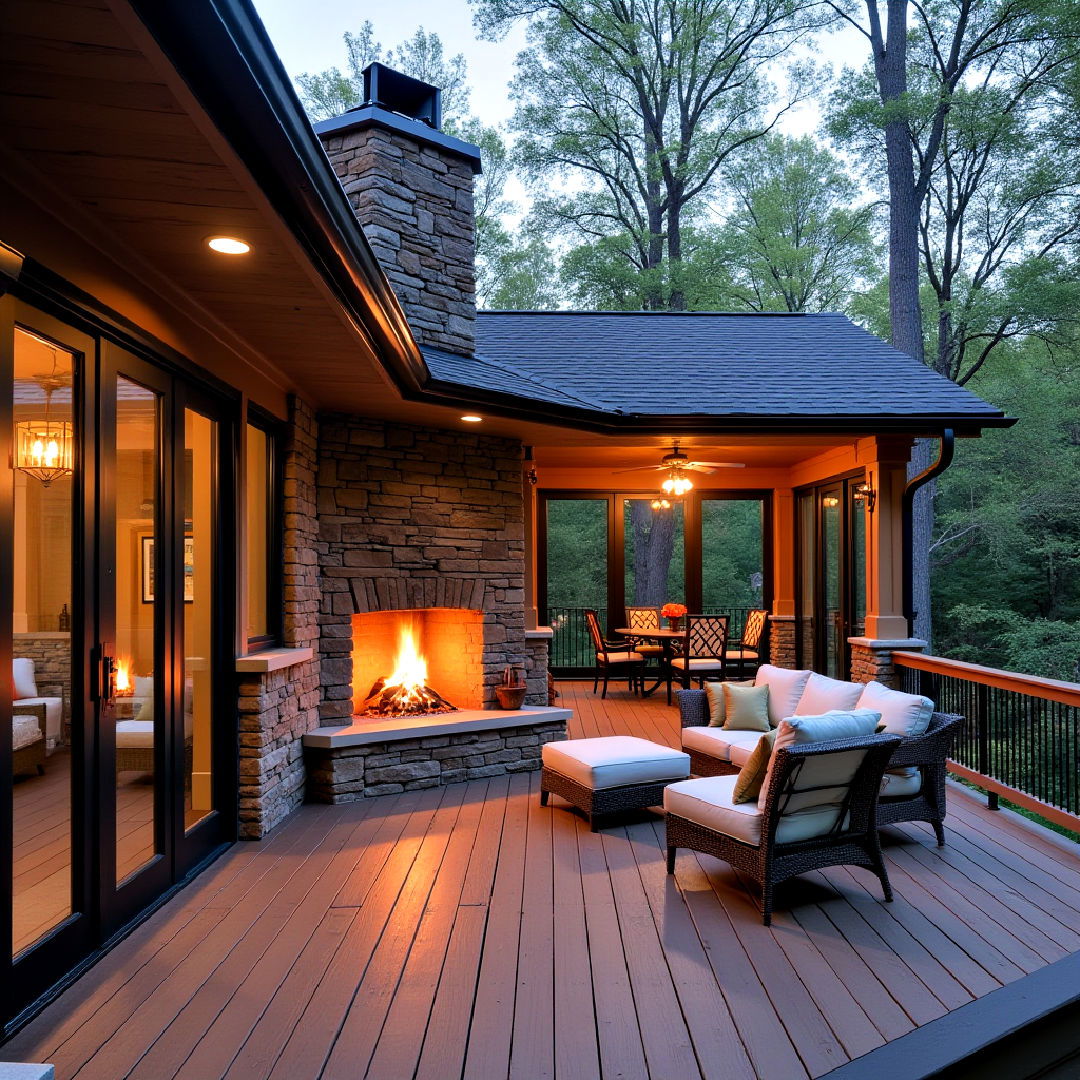 deck with outdoor fireplace