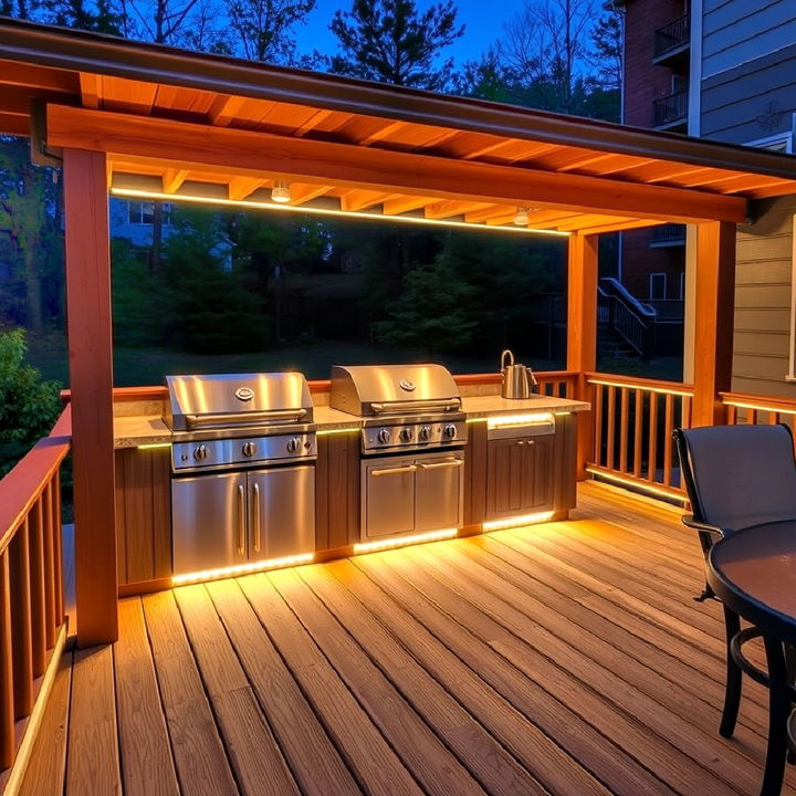 decked bbq area with built in lighting