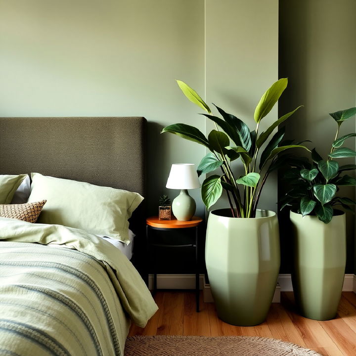 decorate bedroom with olive green plants and planters for natural beauty