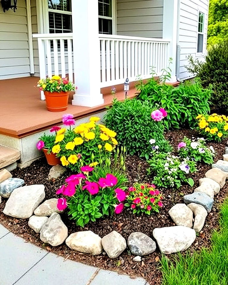 decorative stone lined flower beds