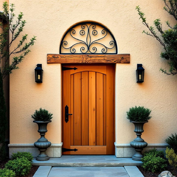 decorative stucco frame with rustic wooden front door