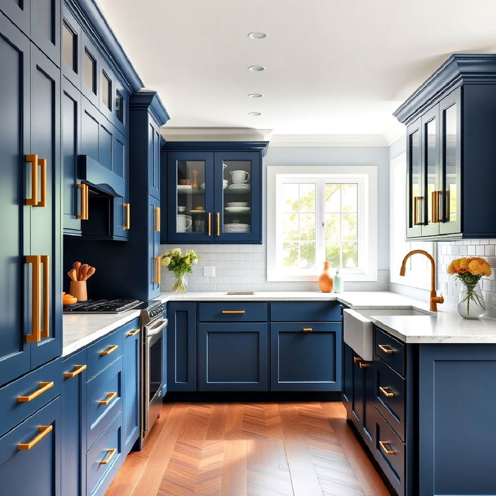 deep blue cabinetry with matte gold hardware