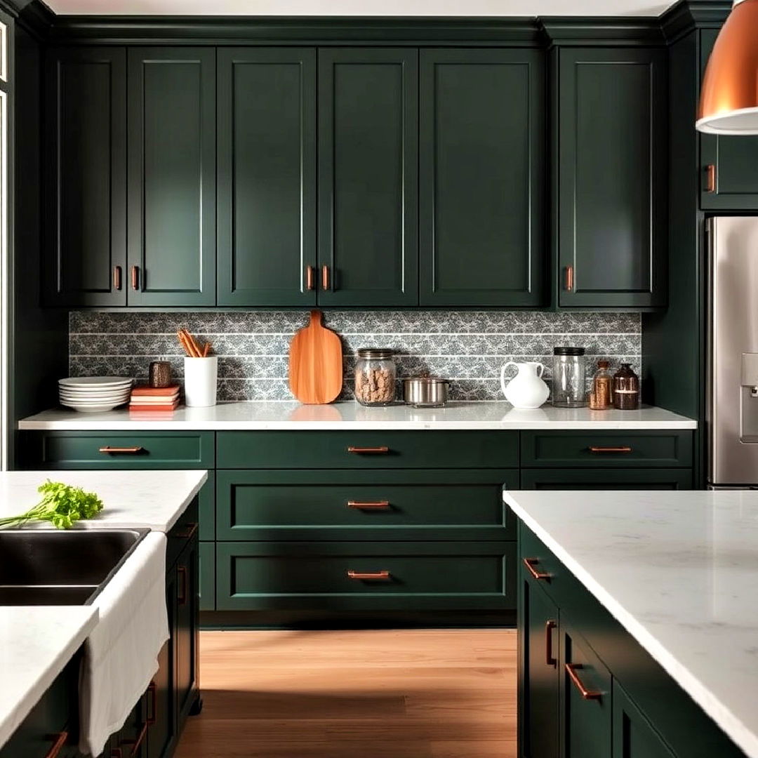 deep green cabinets with copper handles