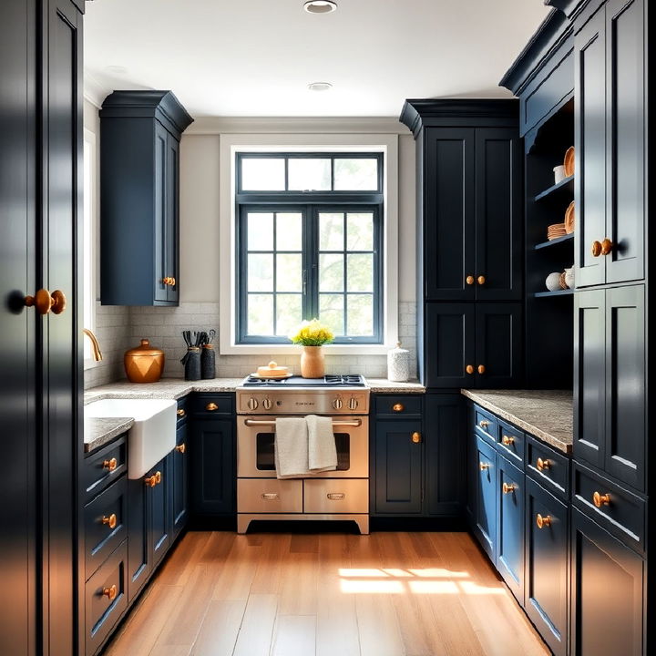 deep midnight blue cabinets with antique gold knobs