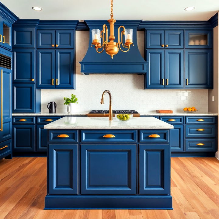 deep prussian blue kitchen cabinets paired with polished gold cup pulls